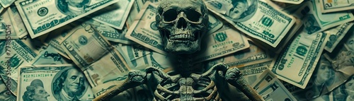 Skeleton surrounded by fading banknotes, illustrating wealth illusion against mortality, stark contrast, centered view , clean sharp
