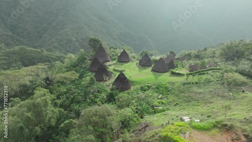 Aerial view of the remote and mysterious village of Wae Rebo, Indonesia