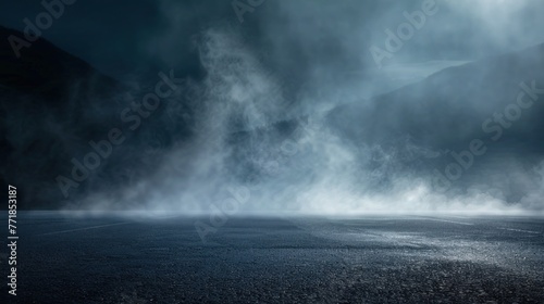 Creative blurry dark road, wet asphalt, reflection of rays in the water. Abstract dark blue background, smoke, smog.