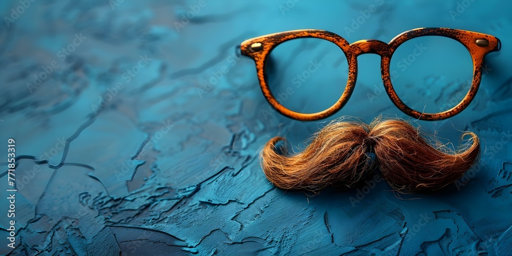 April Fools Day themed photo of comical glasses bushy eyebrows mustache on blue background with copy space. Concept April Fools Day, Comical Glasses, Bushy Eyebrows, Mustache, Blue Background - obrazy, fototapety, plakaty 