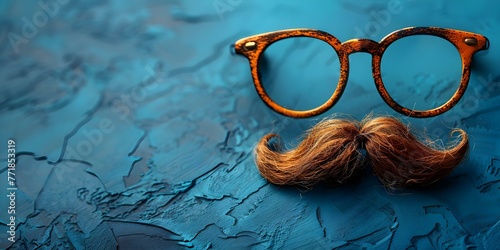 April Fools Day themed photo of comical glasses bushy eyebrows mustache on blue background with copy space. Concept April Fools Day, Comical Glasses, Bushy Eyebrows, Mustache, Blue Background photo