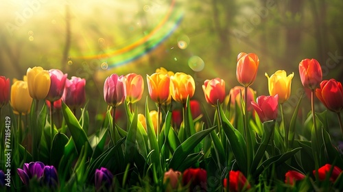 A rainbow of tulips stretching across a lush green meadow under the golden rays of the sun.