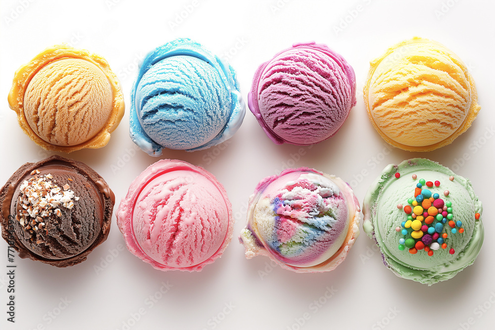 Row of ice cream scoops. Row of colorful ice cream scoops with decorations, shot from above, on white background Row of ice cream scoops. Row of colorful ice cream scoops with decorations, shot from above, on white background