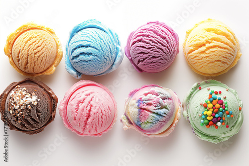 Row of ice cream scoops. Row of colorful ice cream scoops with decorations, shot from above, on white background