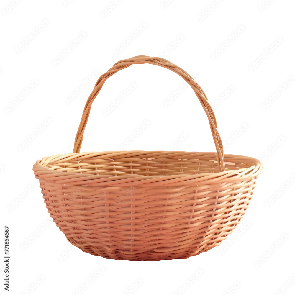 Rectangular wicker storage basket with handle on transparent background on a transparent background