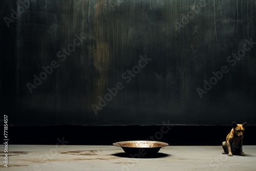 Heartbreaking image of a stray dog with sad eyes next to an empty food bowl on a dark background, symbolizing the plight of homeless pets. Ideal for animal shelter campaigns.