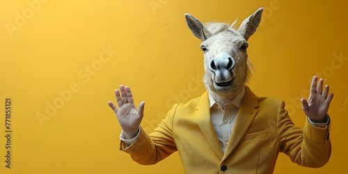 A man in a horse mask making funny gestures and dancing in a yellow suit against a yellow background. Concept Funny Gestures, Horse Mask, Yellow Suit, Dancing, Yellow Background photo