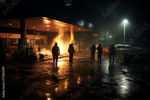 Firefighters in protective gear battling a blaze at a gas station at night. Firefighters responding to a fire emergency at a gas station in the dark. Emergency response team in action.