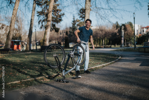 Casual man enjoys a beautiful day in the park with his bicycle, conveying a sense of leisure and happiness.