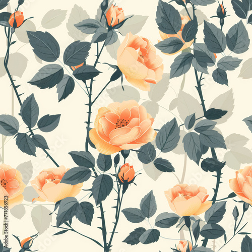cute seamless design illustration, tiny classic rose flowers and leaves in soft colors, beautiful, cute and dreamy