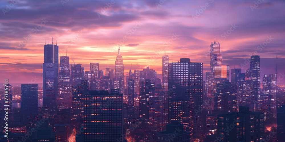 Futuristic city. Cityscape on a colorful background with bright lights. Wide city front perspective view