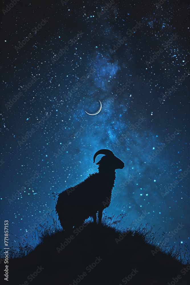 Goat or sacrificial sheep silhouette on dark night background. Crescent moon on night starry sky. Eid Al Adha Mubarak, Eid Al Adha festival. Design for banner, card, poster, flyer with copy space Goat or sacrificial sheep silhouette on dark night background. Crescent moon on night starry sky. Eid Al Adha Mubarak, Eid Al Adha festival. Design for banner, card, poster, flyer with copy space