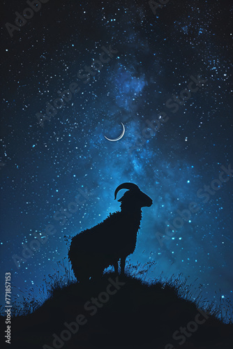 Goat or sacrificial sheep silhouette on dark night background. Crescent moon on night starry sky. Eid Al Adha Mubarak  Eid Al Adha festival. Design for banner  card  poster  flyer with copy space