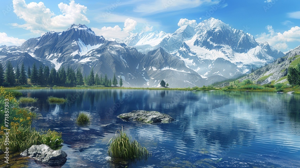 A secluded mountain lake nestled amidst snow-capped peaks, its clear waters reflecting the surrounding natural beauty.