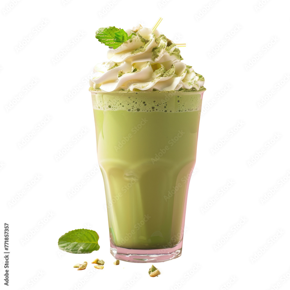 Refreshing green milkshake with whipped cream and mint leaves on a transparent background - obrazy, fototapety, plakaty 