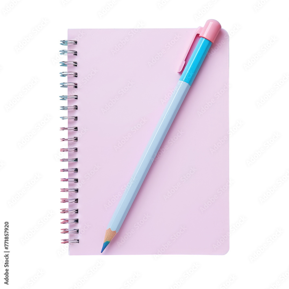 A pink spiral notebook with an electric blue and magenta pen on it on a transparent background A pink spiral notebook with an electric blue and magenta pen on it on a transparent background