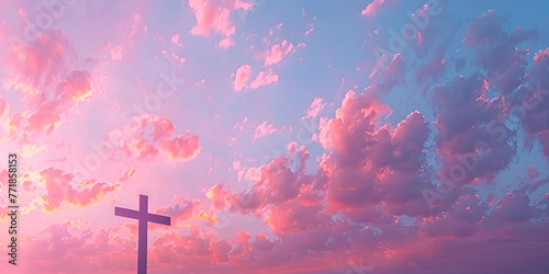 Christian easter conceptual religious symbol on a colorful sky at sunset