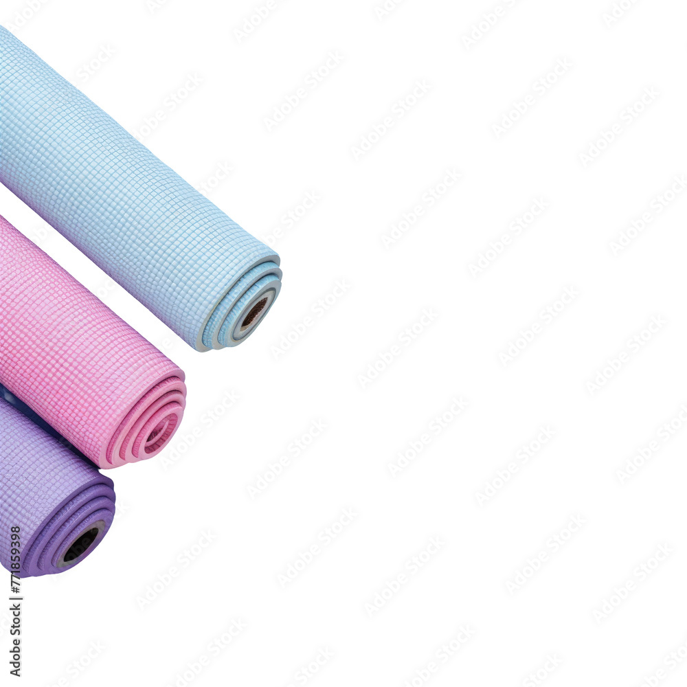 Three colored yoga mats stacked on transparent background Three colored yoga mats stacked on transparent background
