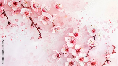 Blushing cherry blossoms, soft watercolor branches, dreamy springtime background with copy space
