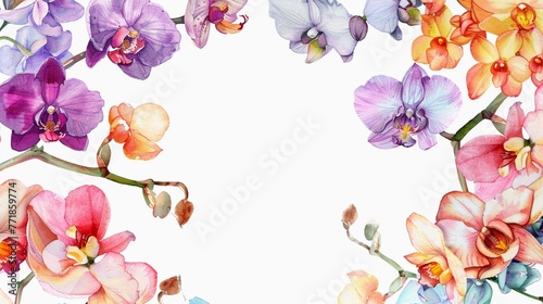 Vibrant watercolor orchids, flourishing botanical illustration, floral border with copy space