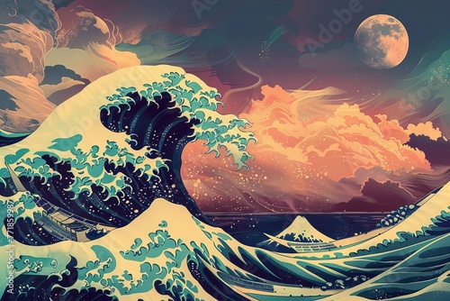 Great wave Japanese style,vintage wave illustration,Japanese art style ocean,stormy sea waves,Japanese woodblock print,ukiyo-e inspired artwork,traditional Japanese aesthetics,retro style seascap photo