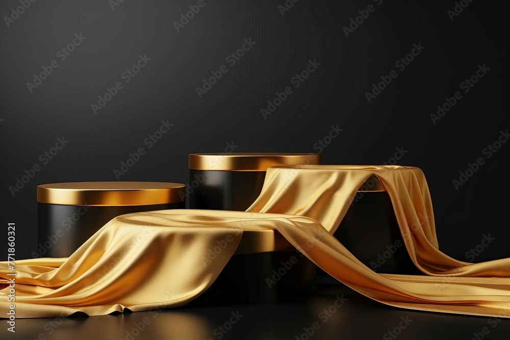 Gold silk fabric on black background, luxury abstract 3D podium display for premium product presentation