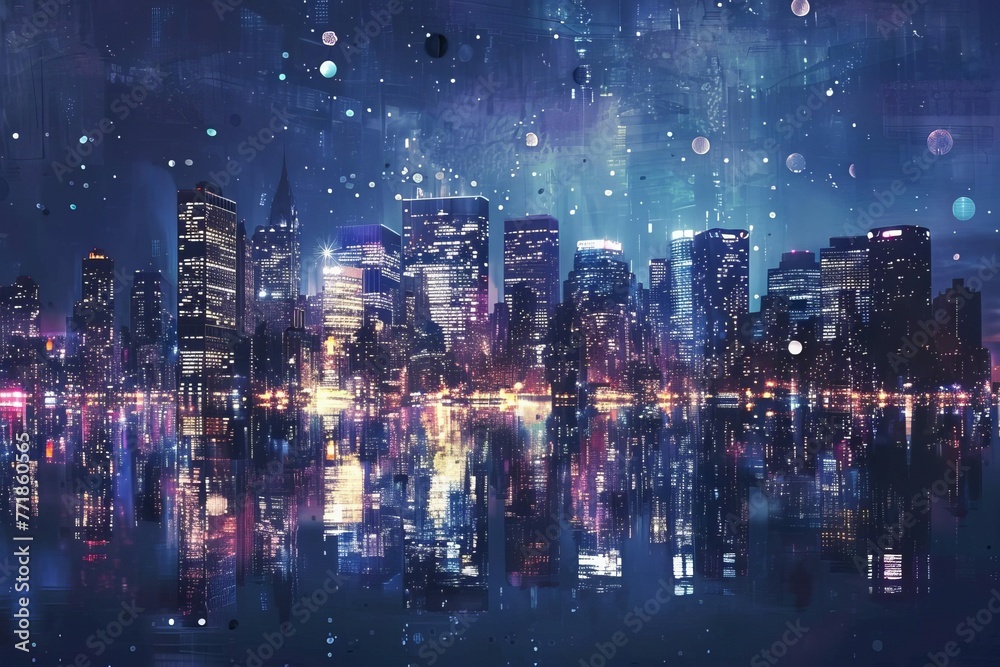 Glittering city skyline at night with sparkling lights and reflections, urban landscape, digital art