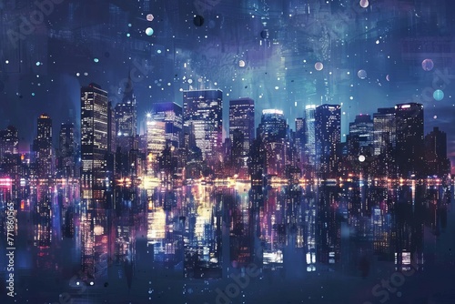 Glittering city skyline at night with sparkling lights and reflections  urban landscape  digital art