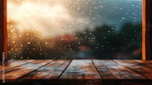 The wooden tabletop on a blur window background with smoke float up with rain , can be used for display or montage your products, Morning light, blurred image