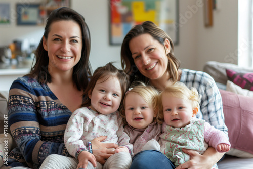 Lesbian marriage, family of women with three adopted children at home with smiles and gay pride