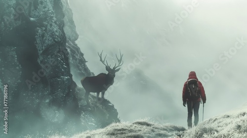 An image capturing a solitary hiker facing a majestic deer on a foggy mountain trail, the mist adding a layer of mystery and connection between human and wildlife. © Sasint