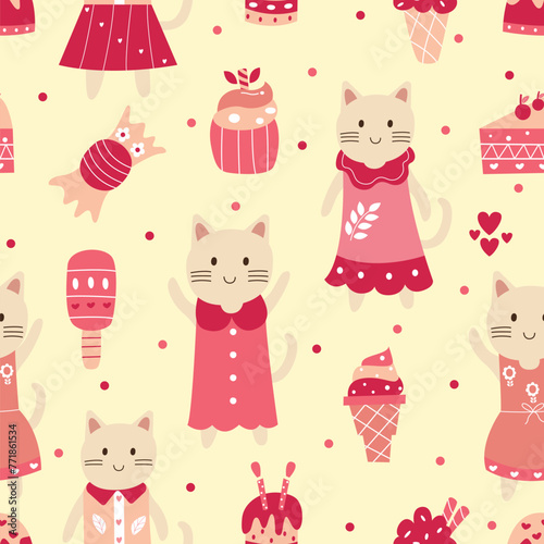 Seamless pattern of cute cartoon cat illustration