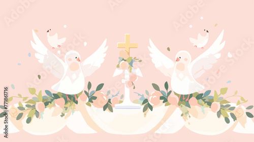 First communion items card with doves flat cartoon photo