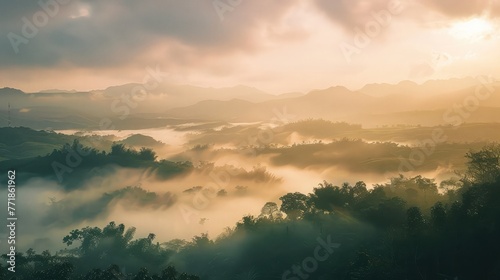 The hills in the fog. Morning landscape