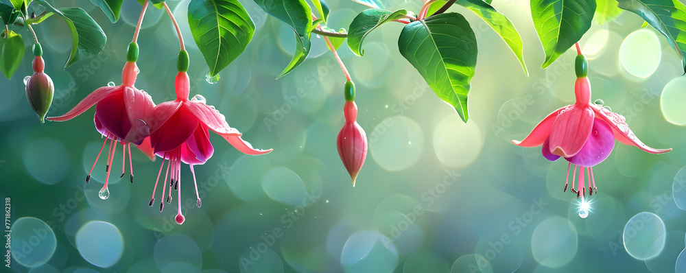 Obraz premium Fuchsia magellanica (Hummingbird fuchsia) flower on blurred green background. Purple tropical exotic flower in spring garden in rainy day. Elf flower. Floral backdrop for card, banner, poster