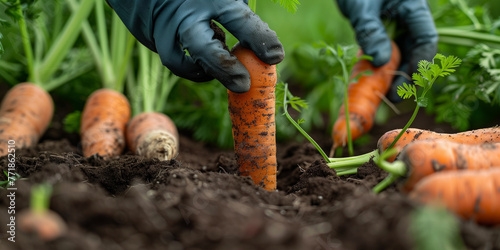 A gardener's hands in gloves pulling a fresh carrot from the dark soil of a lush garden bed, signifying organic farming and harvest.