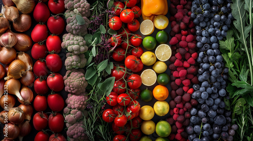 Top view of a colorful variety of fresh vegetables and fruits neatly arranged, showcasing nature's diverse palette. photo