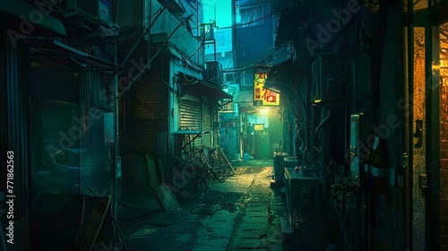 An image capturing the mysterious ambiance of a dimly lit alleyway in a bustling city at night, with shadows and light playing off the walls, hinting at untold stories and hidden secrets.
