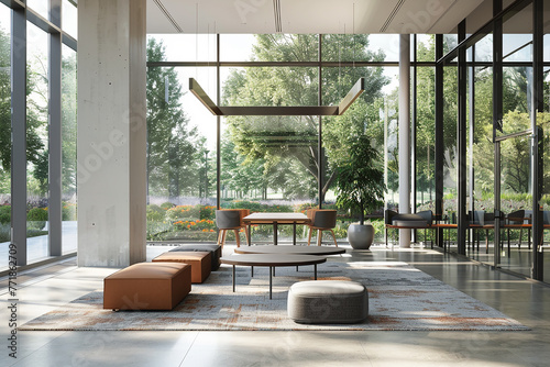  A stylish office lounge area featuring modular seating, a communal work table, and floor-to-ceiling windows overlooking a park.
 photo