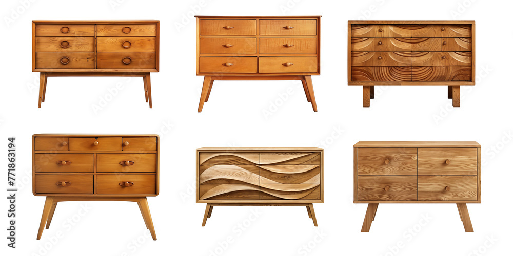 Collection of wooden sideboard with drawers isolated on a transparent background, PNG - obrazy, fototapety, plakaty 
