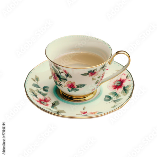 Teacup on saucer adorned with flowers, placed on tableware for serving hot drink on a transparent background