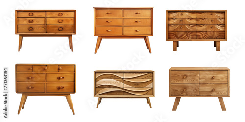 Collection of wooden sideboard with drawers isolated on a transparent background, PNG photo