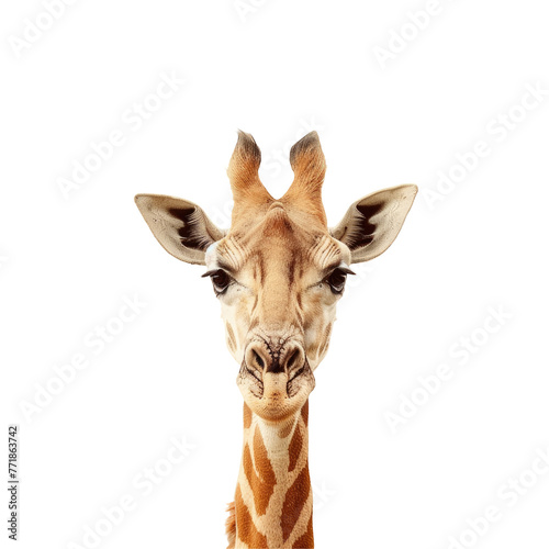 Giraffe from Giraffidae family gazes at camera against transparent background