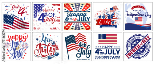 Premium Vectors | The symbol and elements of the fourth of July are set in the blue, red and white colors of the U.S. flag, isolated. Patriotic decoration for design. Photos about events, design, memo photo