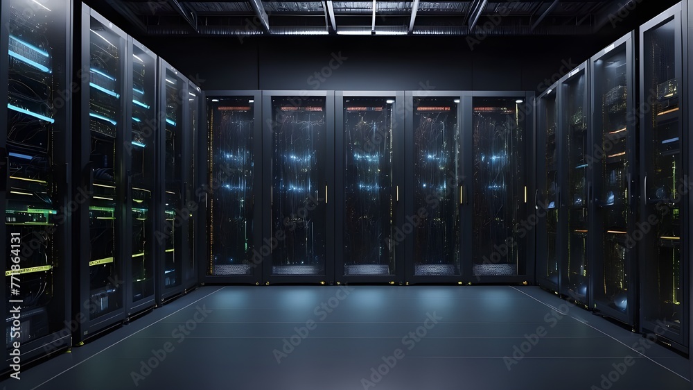Server racks from a modern data center in a dark room with visual ...