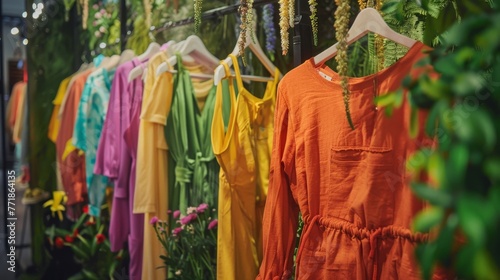 An image depicting a fashion show or display featuring eco-friendly, sustainable clothing made from organic or recycled materials, promoting ethical fashion choices. © Sasint