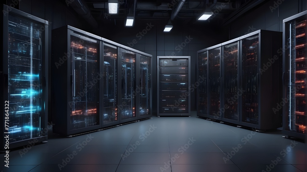 Server racks from a modern data center in a dark room with visual ...