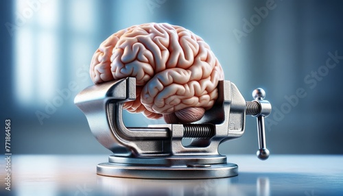 A conceptual brain in a vice, representing the pressure and stress of mental challenges or the strength and resilience of the human mind