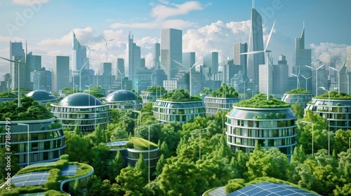 a futuristic cityscape powered entirely by sustainable energy sources, featuring sleek buildings with green roofs, solar panels, and wind turbines seamlessly integrated into the architecture.