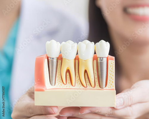 Dentist showing teeth model in dental office showing teeth implant.